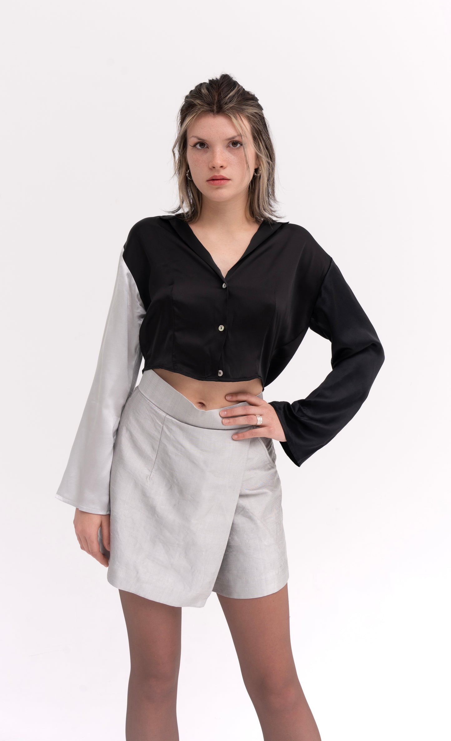 Luxury Silk Satin Short Shirt with Flared Sleeves