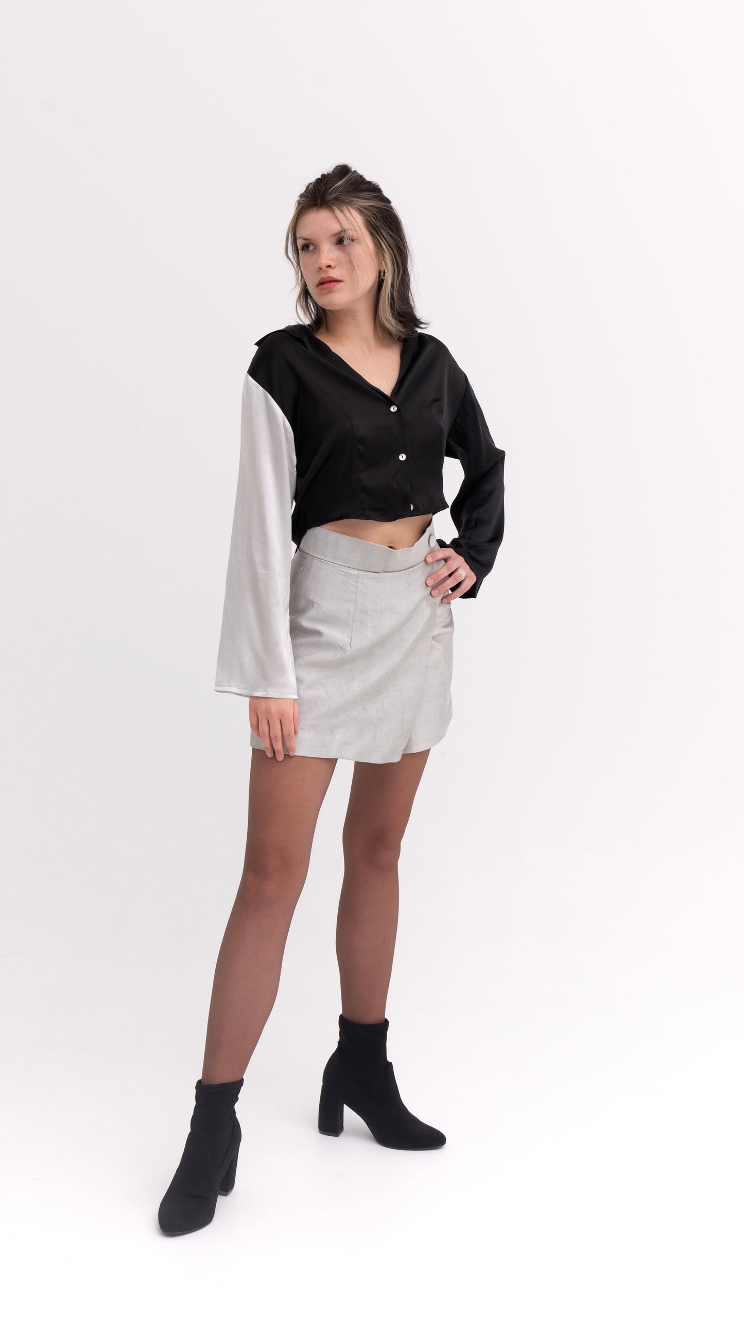 Luxury Silk Satin Short Shirt with Flared Sleeves